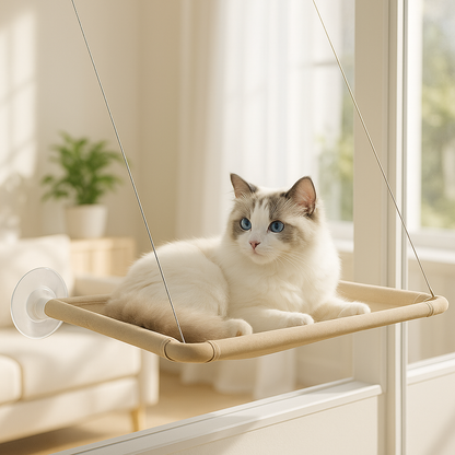 hamac chat fenetre beige fixé avec deux grosses ventouses