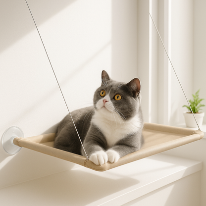 hamac chat fenetre bel animal couche dedans devant fenetre ensoleillee