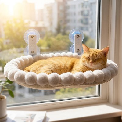 hamac chat fenetre ovale beige avec un chat roux dormant dedans