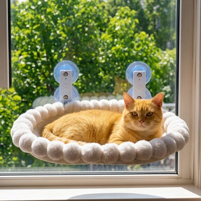 hamac chat fenetre ovale beige avec un chat roux dedans