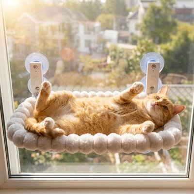 hamac chat fenetre rectangulaire beige avec un chat roux couche dedans