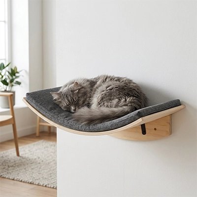 Hamac chat fixe au mur incurve avec un chat dessus