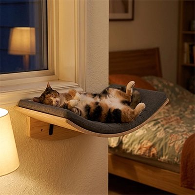 Hamac chat fixe au mur incurve avec un chat dormant dessus