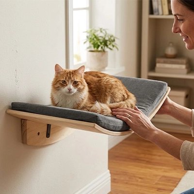 Hamac chat fixe au mur incurve avec un chat roux et blanc dessus
