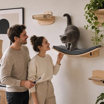 Hamac chat fixe au mur incurve avec un chat un homme et une femme