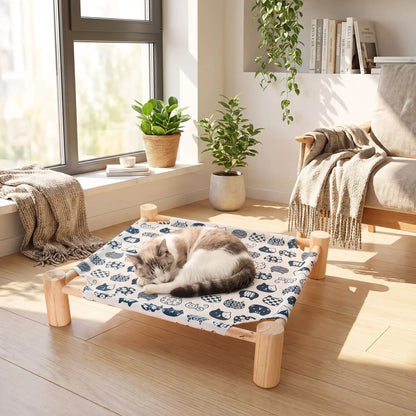 hamac chat structure en bois et toile blanche motifs bleus