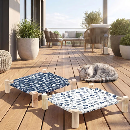 hamac chat structure en bois toile bleue ou blanche
