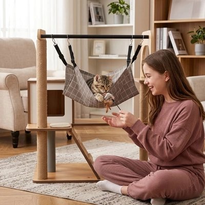 Hamac chat sur arbre a chat  avec un chat dedans et une femme a cote