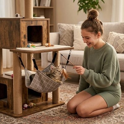 Hamac chat sur arbre a chat avec un chat dedans et une femme a cote