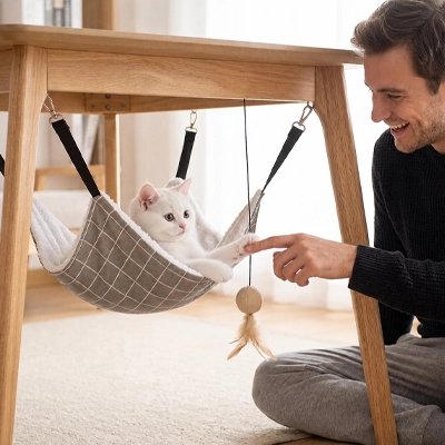 Hamac chat sur support avec un chat dedans et un homme a cote