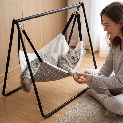 Hamac chat sur support avec un chat dedans et une femme a cote