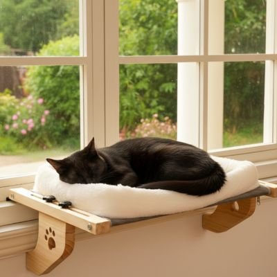 Hamac fenetre chat bois avec chat dormant dessus