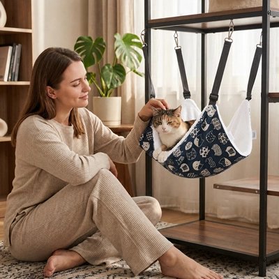 Hamac pour chat accrocher sur un meuble avec une femme a cote