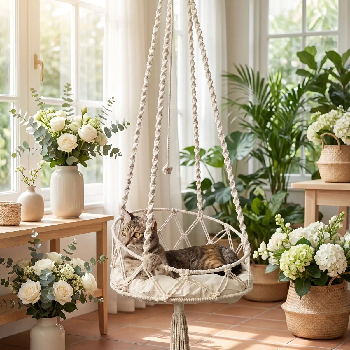 hamac pour chat beige en corde coton banc