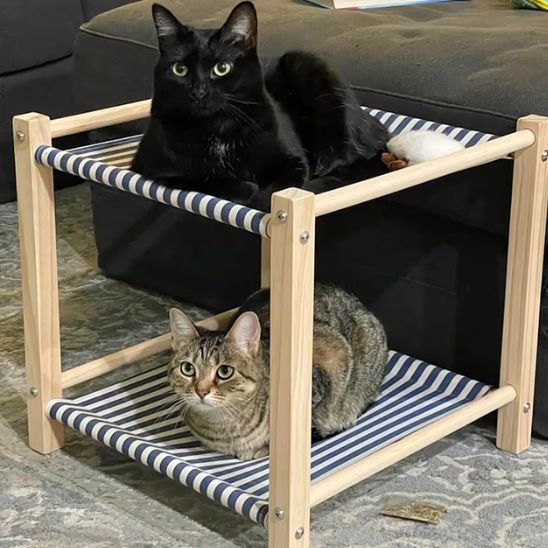hamac pour chat bois et tissu rayé bleu et blanc