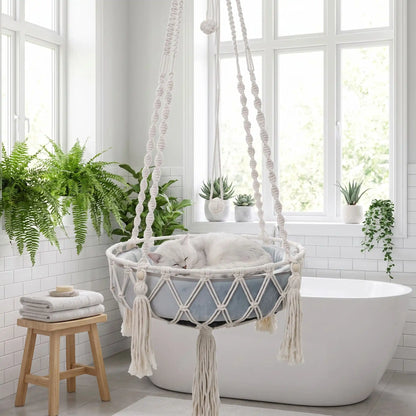 hamac our chat cordelettes blanc imitation macramé douillet