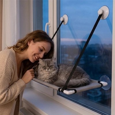 Hamac pour chat fenetre installe sur une vitre avec un chat gris et une femme a cote