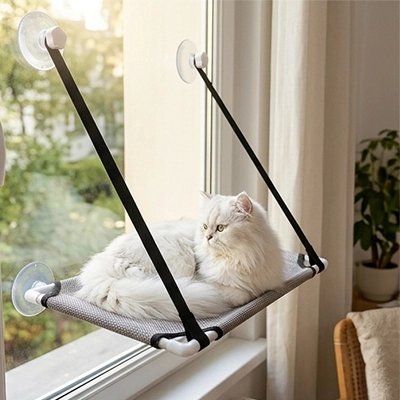 Hamac pour chat fenetre installe sur une vitre avec un chat blanc dessus 