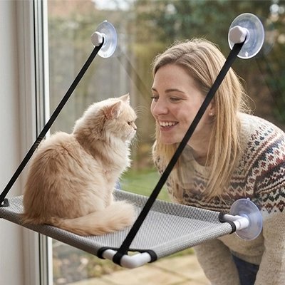 Hamac pour chat fenetre installe sur une vitre avec un chat dessus et une femme a cote