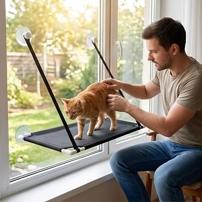 Hamac pour chat fenetre installe sur une vitre avec un chat roux dessus et un homme