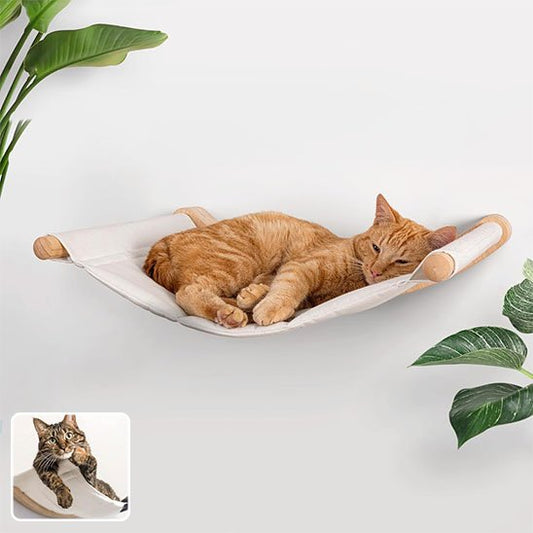 Hamac pour chat​ mural en bois et tissu beige