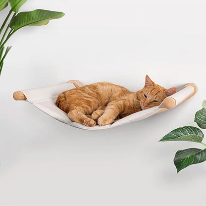 hamac pour chat mural fixe au mur bois et beige
