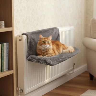 Hamac pour chat radiateur gris avec chat confortablement installe dedans