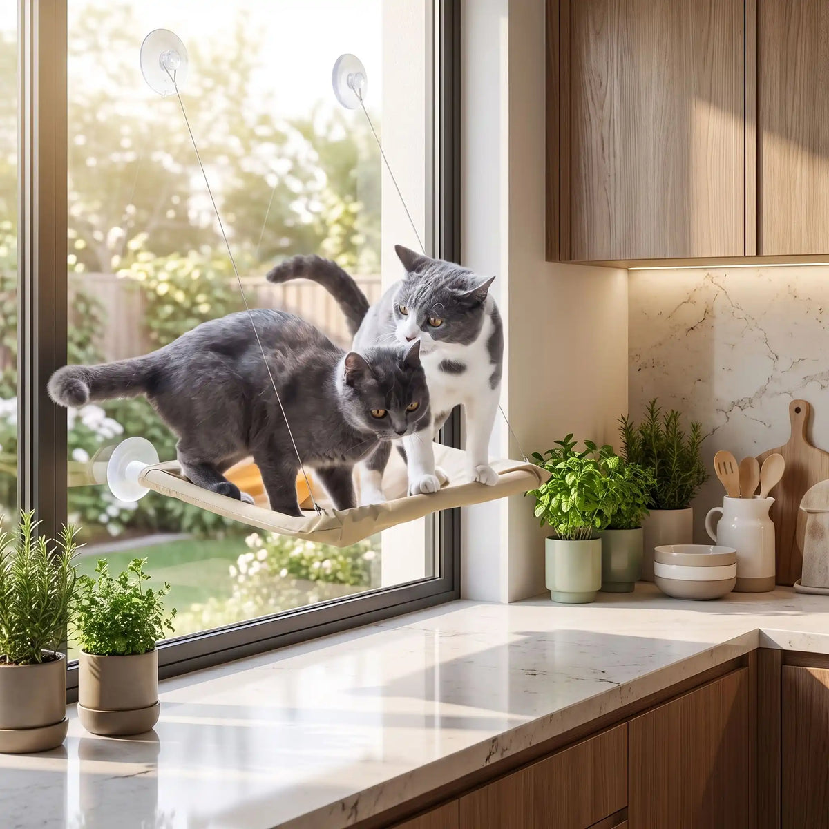 hamac pour chat solidement accroché grâce aux ventouses