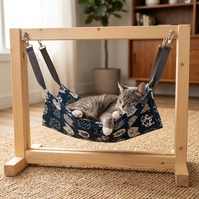 Hamac pour chat sur suspension en bois avec un chat dormant dedans
