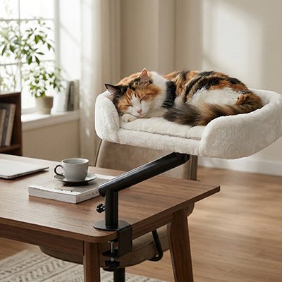 Lit Chat blanc fixe sur bureau avec chat dormant dedans