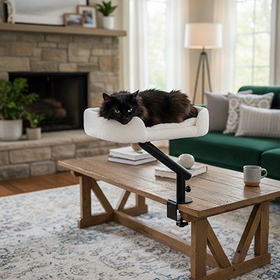 Lit Chat blanc fixe sur table de salon avec un chat noir dedans