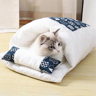 Lit chat en forme de vrai petit lit bleu et blanc avec chat couche dedans