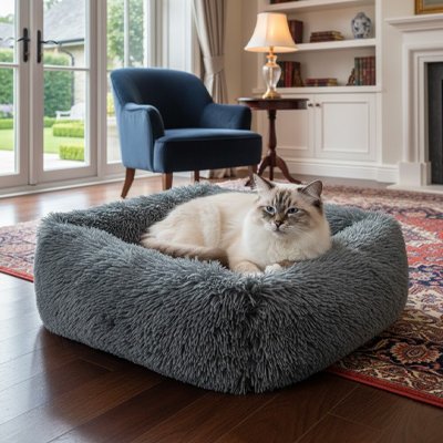 Lit chat forme carre de couleur grise chat couche dessus
