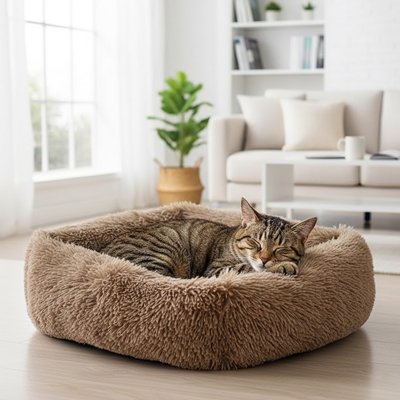 Lit chat forme carre de couleur marron chat dormant dedans