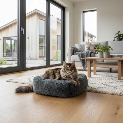 Lit chat forme carre gris chat dessus dans joli salon
