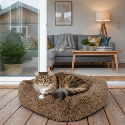Lit chat forme carre marron chat dessus sur jolie terrasse