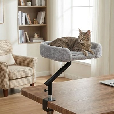 Lit Chat gris fixe sur bureau avec chat couche dedans