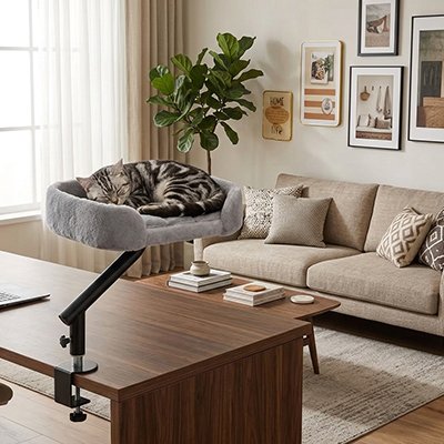 Lit Chat gris fixe sur bureau avec chat dedans