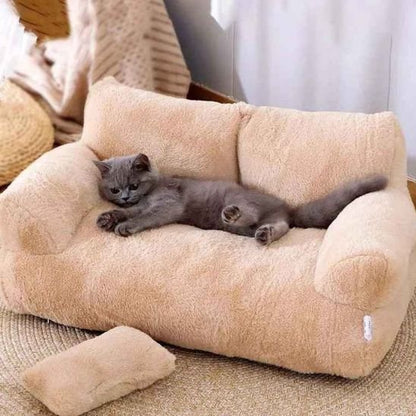 lit pour chat beige en forme de petit canapé avec chaton dessus