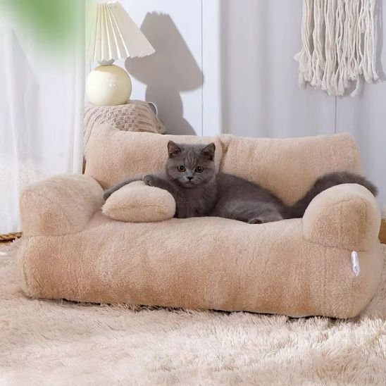 lit pour chat beige en forme de petit canapé avec chat couche dessus