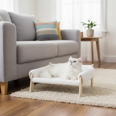 Lit pour Chat blanc en forme de petit canapé avec un chat dessus