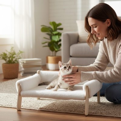 Lit pour Chat blanc en forme de petit canapé avec un chat dessus et femme le caressant