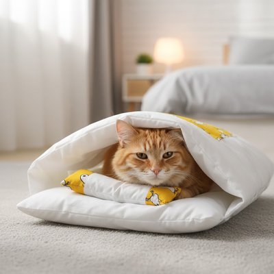 Lit pour Chat blanc et jaune en forme de petit lit avec chat dedans