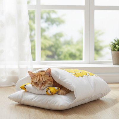 Lit pour Chat blanc et jaune en forme de petit lit avec chat dormant dedans