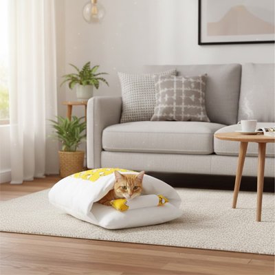 Lit pour Chat blanc et jaune en forme de petit lit dans joli salon avec chat dedans