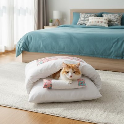 Lit pour Chat blanc et rose en forme de petit lit dans chambre avec chat dedans