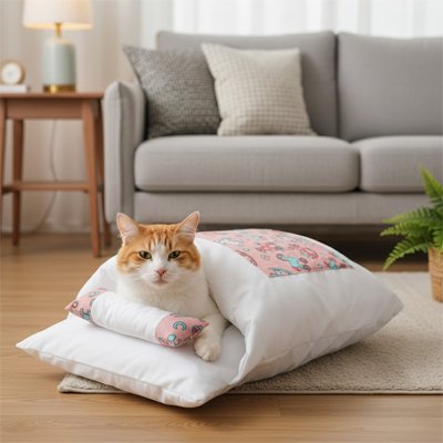 Lit pour Chat blanc et rose en forme de petit lit dans joli salon avec chat dedans