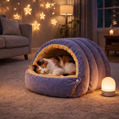 Lit pour Chat en forme de tunnel mauve chat dormant dedans avec jolies lumieres 