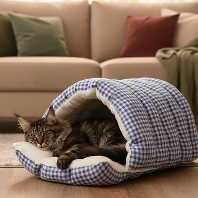 Lit pour chat en vichy bleu avec chat Maine Coon dormant dedans