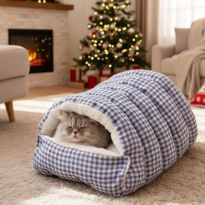 Lit pour chat en vichy bleu dans joli salon avec chat dormant dedans